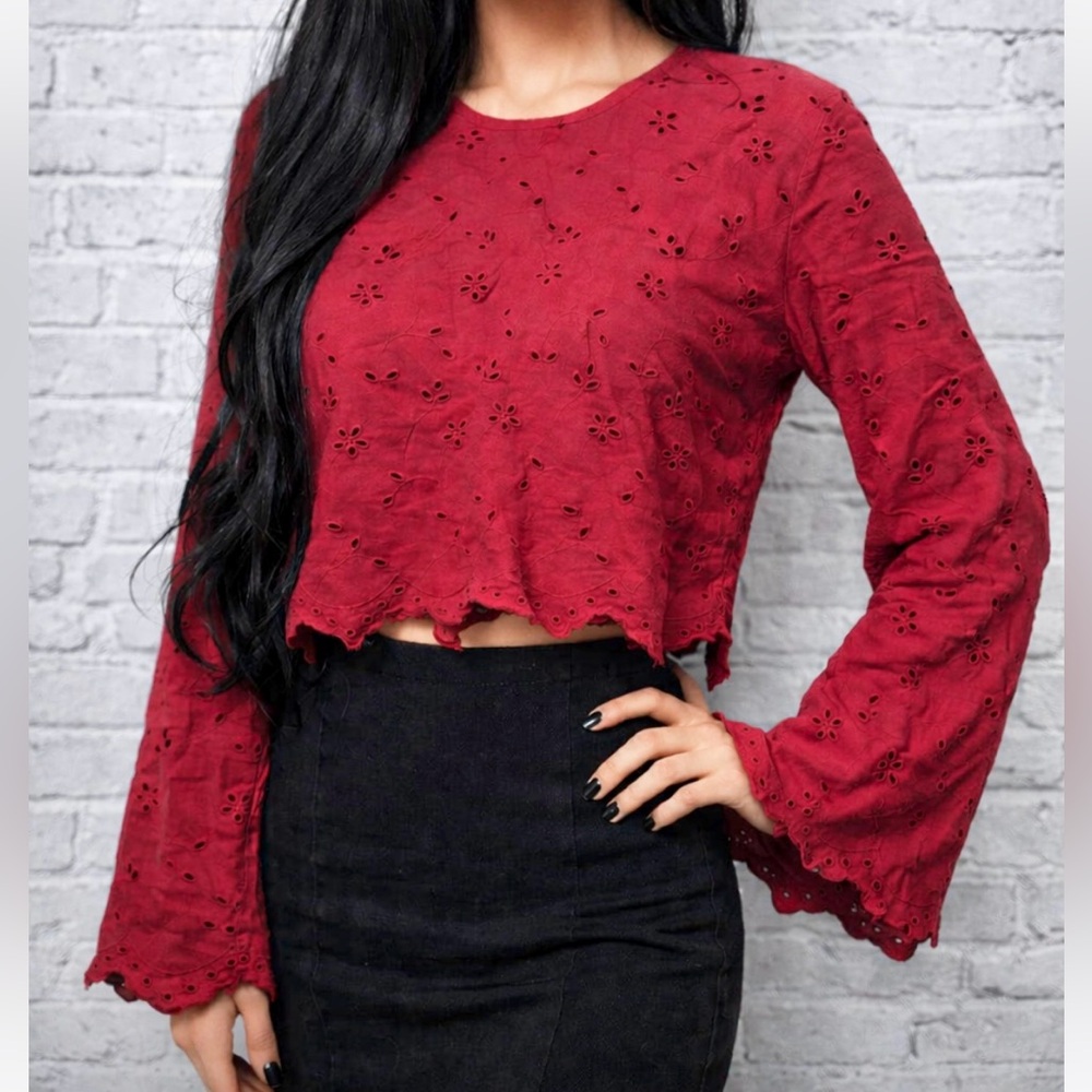 Free People Red Eyelet Long-Sleeve Blouse Shirt Top Small Vampirecore Bohemian